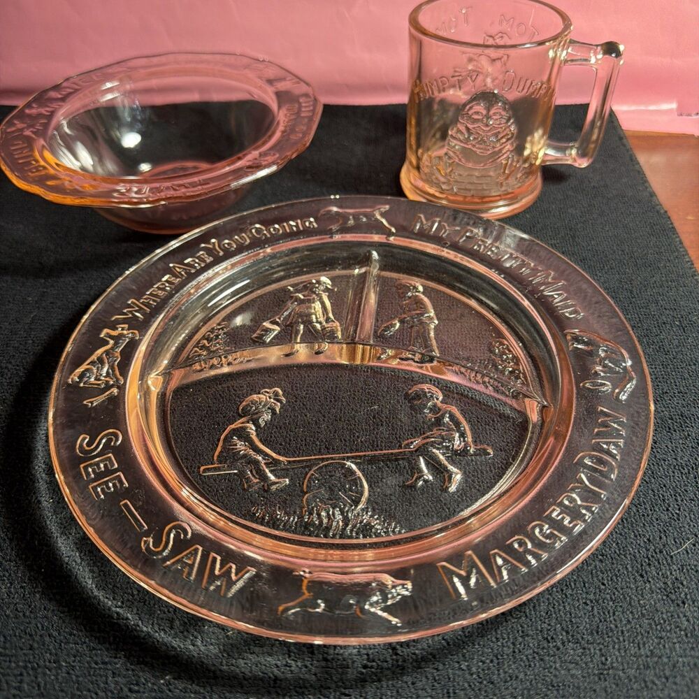 Vintage Pink Indiana Glass Nursery Rhyme Child's 3pc Dish Set
